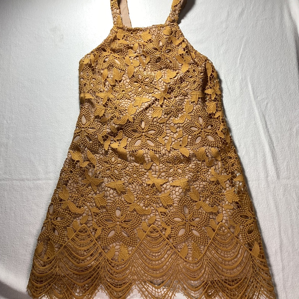 Wayf Mustard Yellow Floral Lace Halter Mini Dress Open Back Scalloped Hem